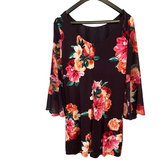 J.Howard Shift Dress Size 12 Black Floral Long Sheer Bell Sleeves Flowy Church - Picture 2 of 12